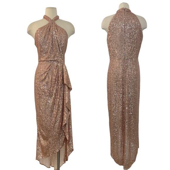 Shoshanna Midnight Draped Sequin High-Low Halter Gown Dress Pink Size 14 NWT - Picture 1 of 14